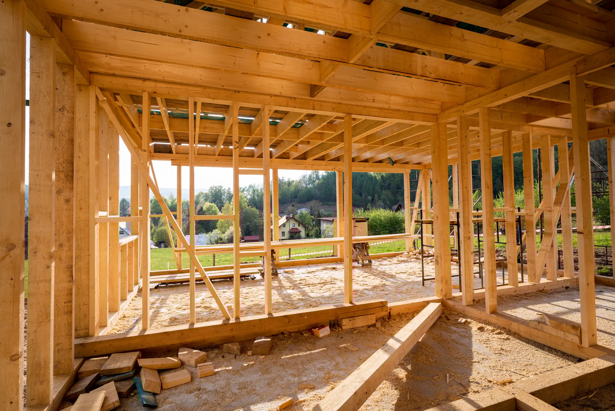 New interior residential wooden construction house framing